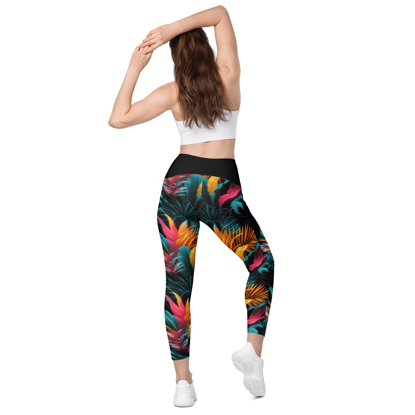 Tropical Neon Paradise - Crossover leggings with pockets