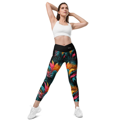 Tropical Neon Paradise - Crossover leggings with pockets