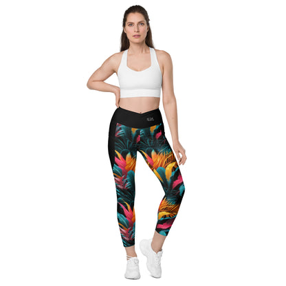 Tropical Neon Paradise - Crossover leggings with pockets