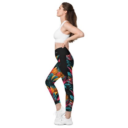 Tropical Neon Paradise - Crossover leggings with pockets