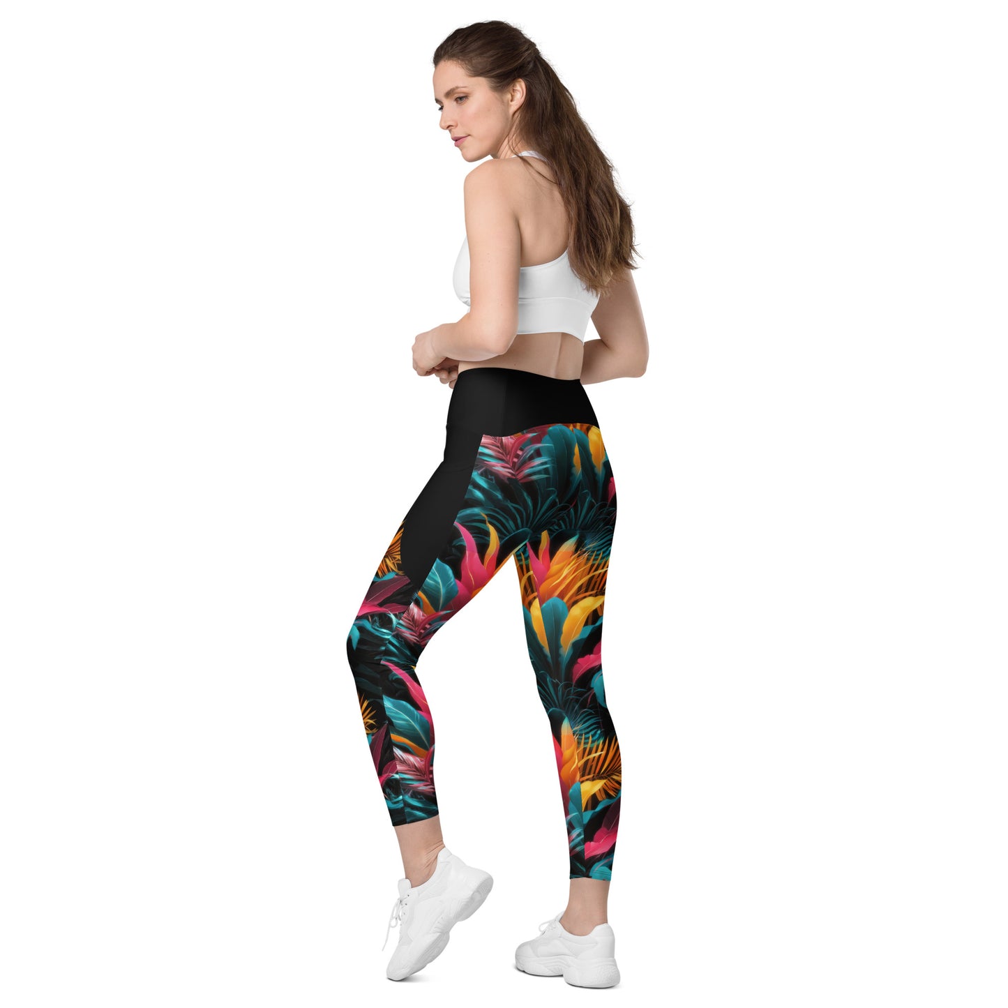 Tropical Neon Paradise - Crossover leggings with pockets