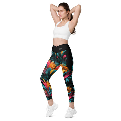 Tropical Neon Paradise - Crossover leggings with pockets