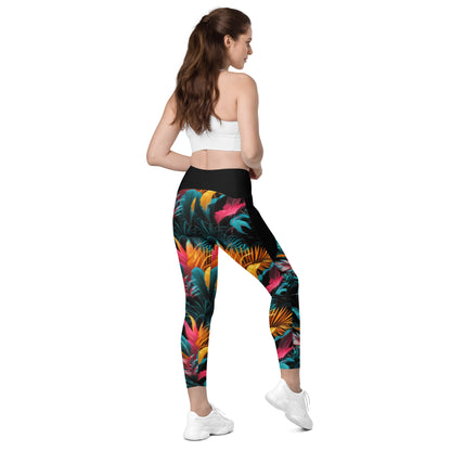 Tropical Neon Paradise - Crossover leggings with pockets