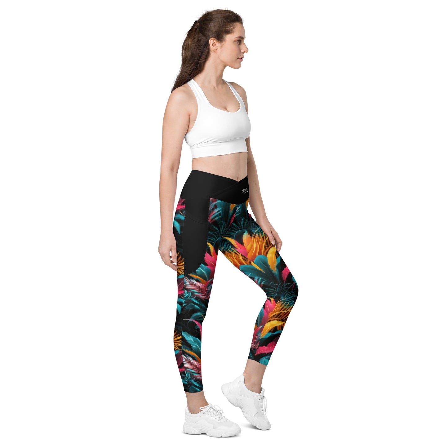 Tropical Neon Paradise - Crossover leggings with pockets