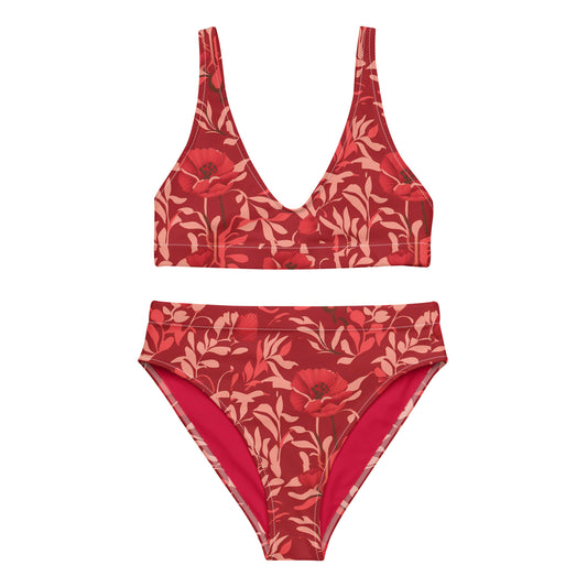 Cherry Red Recycled High-Waisted Bikini - Roman Flowers Collection