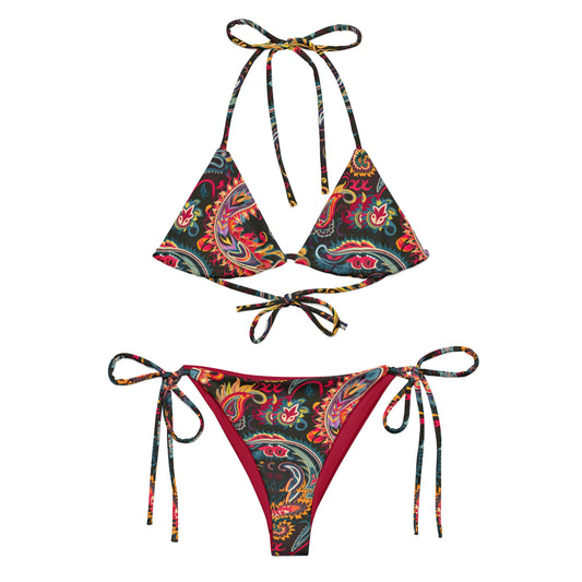 Paisley Passion recycled string bikini front view – sustainable women's swimwear