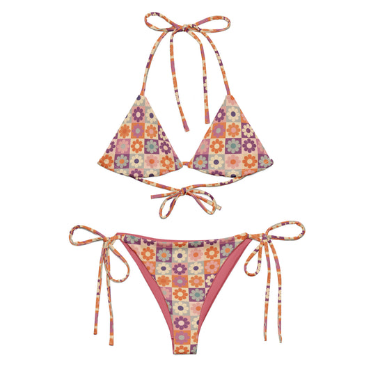 Retro Daisy Checkerboard Recycled string bikini - Matching Bathing Suits for Couples