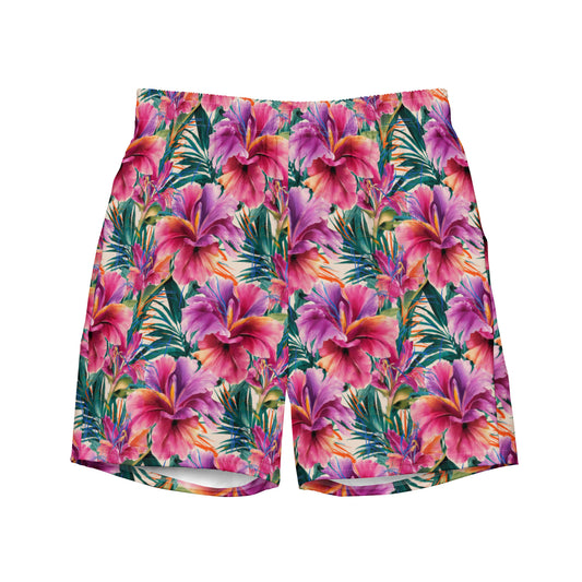 Vibrant Tropical Bloom Recycled Men's Swim Trunks - Matching Bathing Suits