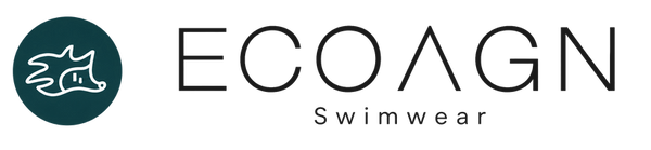 EcoAGN Swimwear logo orizzontale: riccio bianco su verde petrolio e marchio ECOAGN con A aperta