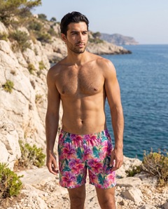 Vibrant Tropical Bloom — Matching Swim Trunks